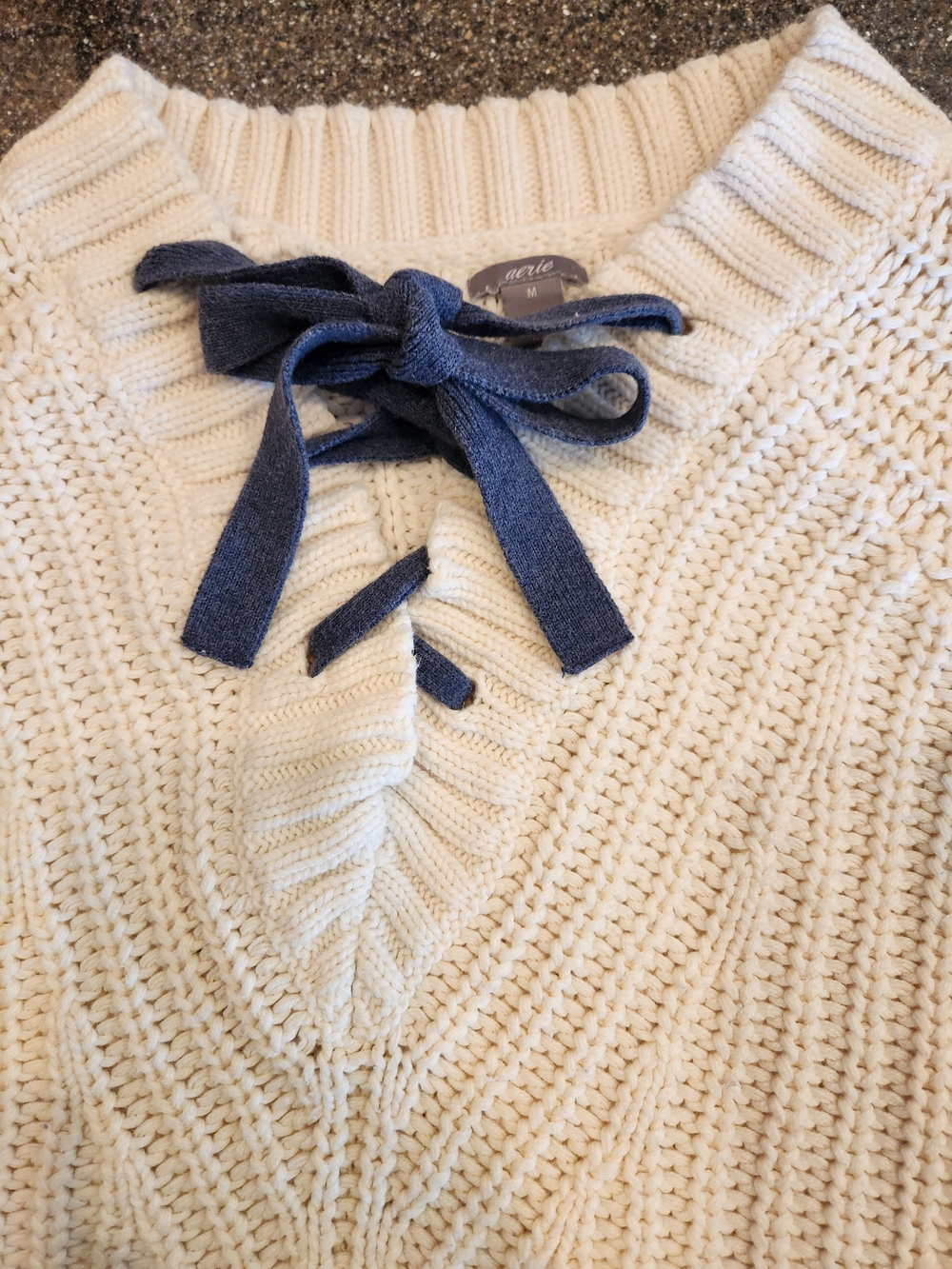 aerie Cream Lace-Up V-Neck Sweater With Navy Ties Size M Super Soft Boxy Fit - Picture 13 of 13